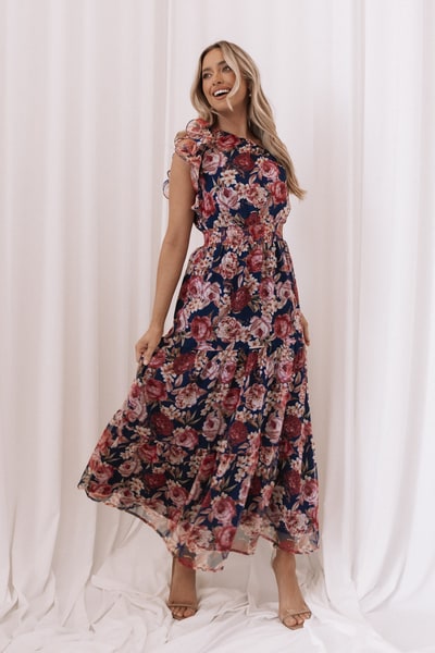 Petal & Pup Layley One Shoulder Maxi Dress - Navy Floral