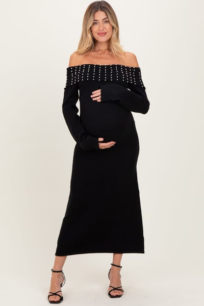 PinkBlush Black Faux Pearl Detail Off Shoulder Maternity Sweater Dress