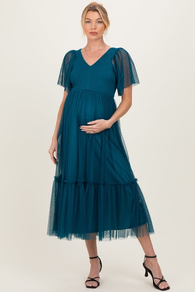 PinkBlush Teal Dotted Tulle Smocked Maternity Midi Dress