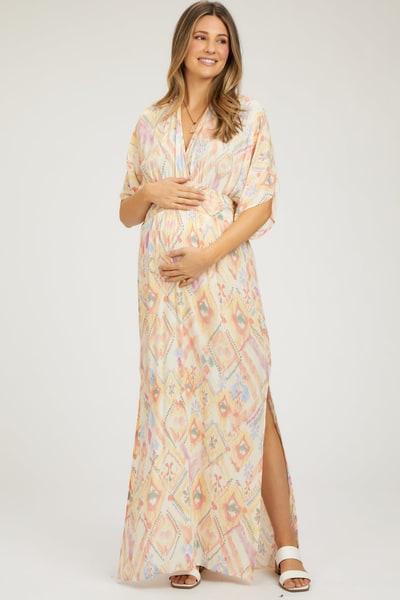 PinkBlush Ivory Printed Deep V-Neck Maternity Maxi Dress