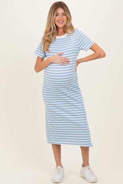 PinkBlush Light Blue Striped Short Sleeve Maternity Midi Dress