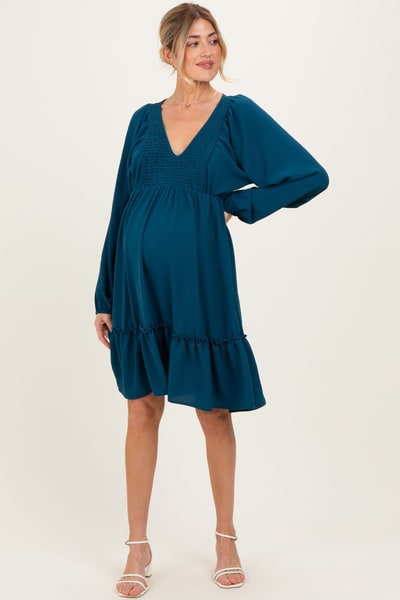 PinkBlush Dark Teal Long Sleeve V-Neck Tiered Maternity Midi Dress
