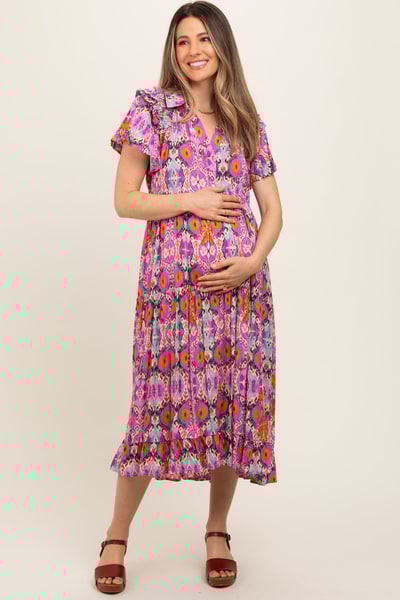 PinkBlush Magenta Print Ruffle Accent Maternity Midi Dress