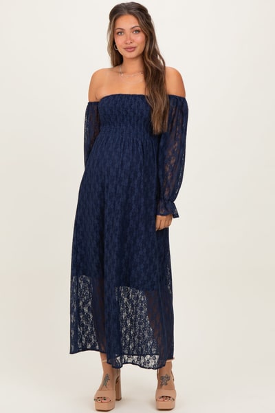 PinkBlush Navy Lace Overlay Smocked Maternity Maxi Dress