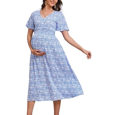 Target Maternity V Neck Dress Ruffle Short Sleeve Summer A Line Midi Dress Baby Shower Photoshoot Blue XL