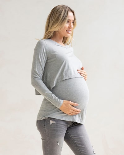 Angel Maternity Bamboo Long Sleeve Maternity and Nursing Top - Grey Marl