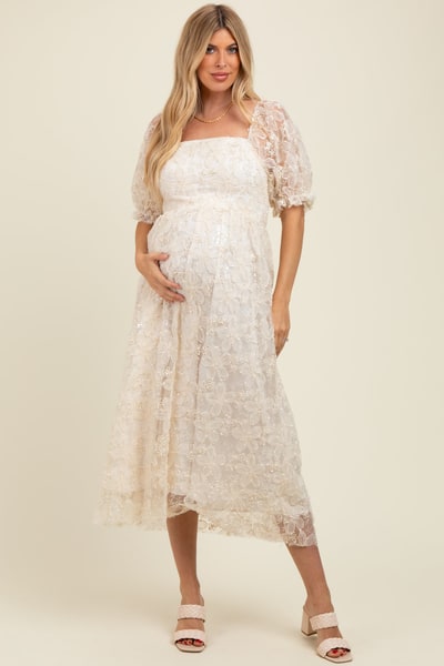PinkBlush Cream Floral Mesh Overlay Tie Back Maternity Midi Dress