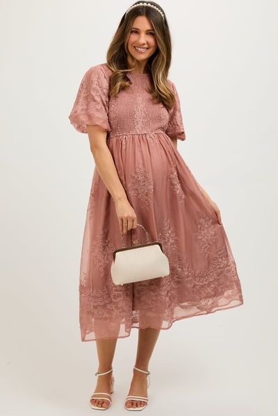 PinkBlush Mauve Floral Lace Smocked Maternity Midi Dress