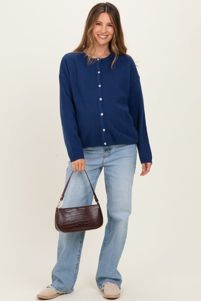 PinkBlush Navy Classic Crew Neck Maternity Button Cardigan