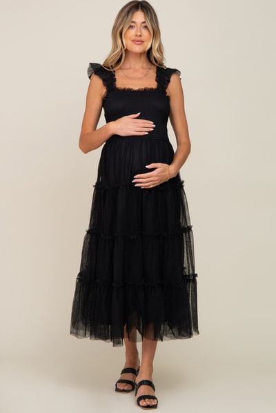 PinkBlush Black Smocked Mesh Ruffle Accent Maternity Midi Dress