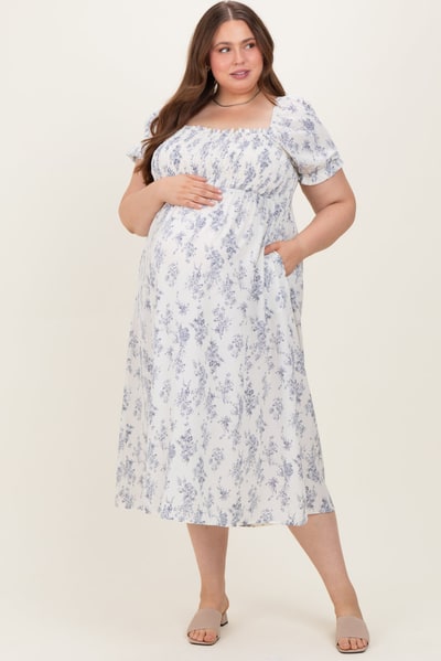 PinkBlush Ivory Floral Smocked Sweetheart Neckline Maternity Plus Midi Dress