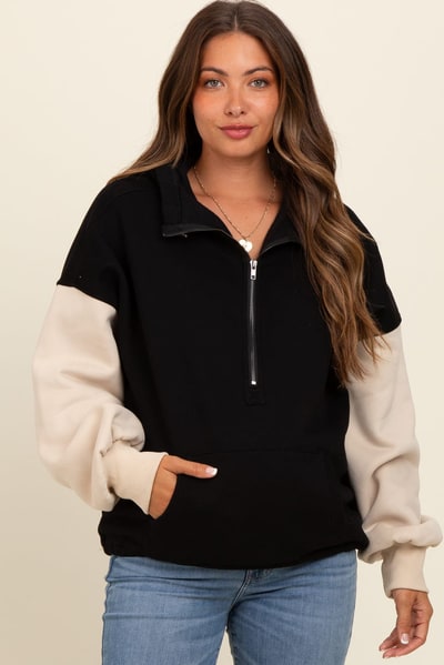 PinkBlush Black Coloblock Half Zip Maternity Hoodie