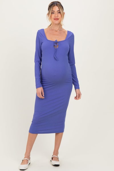 PinkBlush Blue Ribbed Long Sleeve Squareneck Fitted Maternity Midi Dress