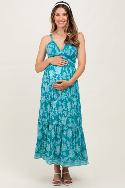 PinkBlush Teal Floral V-Neck Lace Trim Maternity Maxi Dress