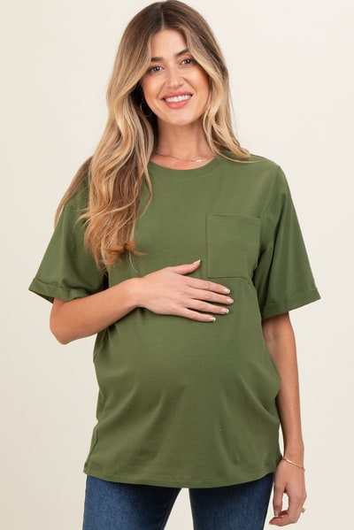 PinkBlush Light Olive Pocket Front Short Sleeve Maternity Top