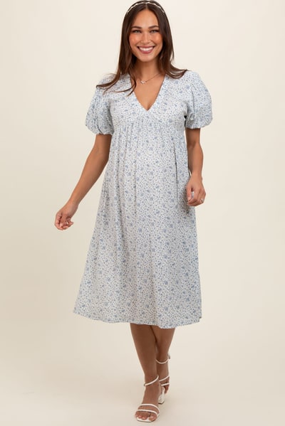 PinkBlush Light Blue Floral Puff Sleeve Maternity Midi Dress