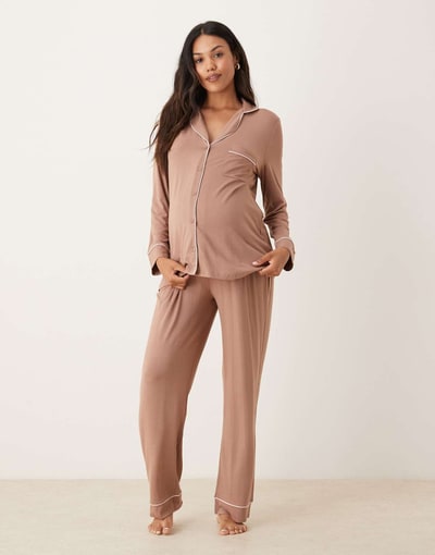 ASOS long sleeve super soft pajama set in brown