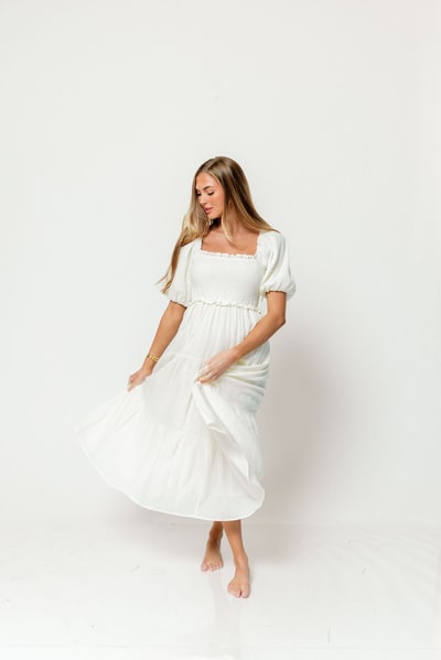Worth Collective Elena 100% Cotton Midi Dress in Cream - Bump Friendly
