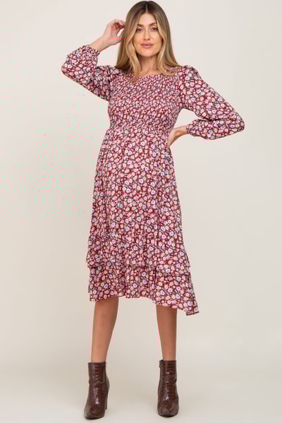 PinkBlush Burgundy Floral Smocked Long Sleeve Maternity Midi Dress