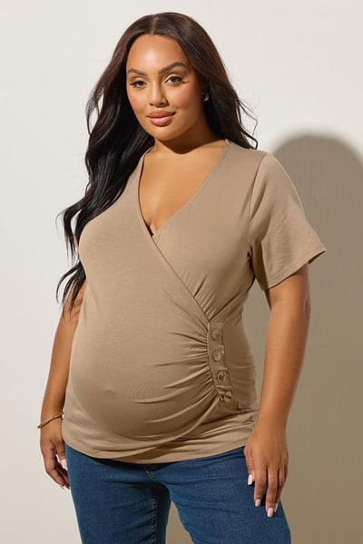 Yours Clothing BUMP IT UP Brown Button Detail Wrap Top