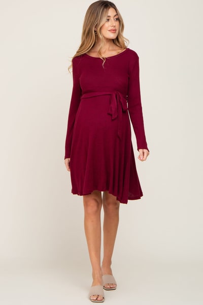 PinkBlush Burgundy Soft Rib Knit Sash Tie Maternity Dress