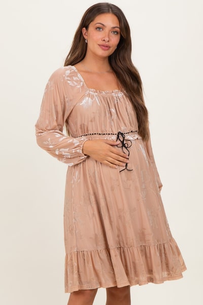 PinkBlush Mocha Floral Velvet Ruffle Accent Maternity Dress
