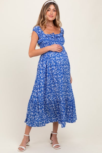 PinkBlush Royal Blue Floral Smocked Ruffle Detail Maternity Midi Dress