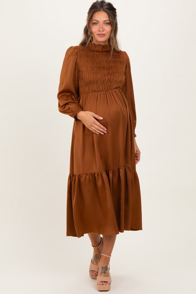 PinkBlush Mocha Mock Neck Satin Smocked Chest Maternity Dress