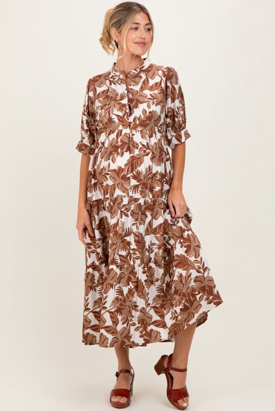 PinkBlush Brown Leaf Print Tiered Maternity Midi Dress