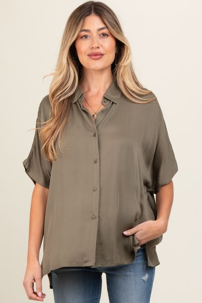 PinkBlush Olive Dolman Sleeve Button Down Maternity Blouse