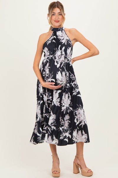 PinkBlush Black Floral Pleated Halter Neck Maternity Midi Dress