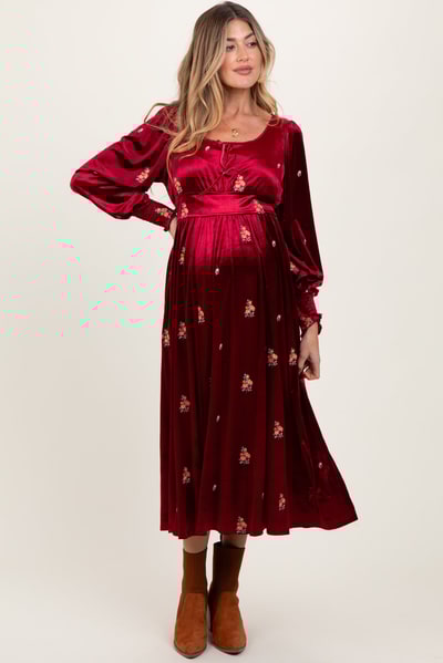 PinkBlush Red Velvet Embroidered Floral Maternity Midi Dress