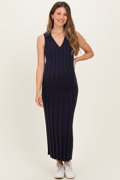 PinkBlush Navy Knit Collared Sleeveless Maternity Maxi Dress