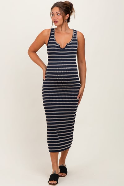 PinkBlush Navy Stripe Ribbed Sleeveless V Neck Maternity Maxi Dress