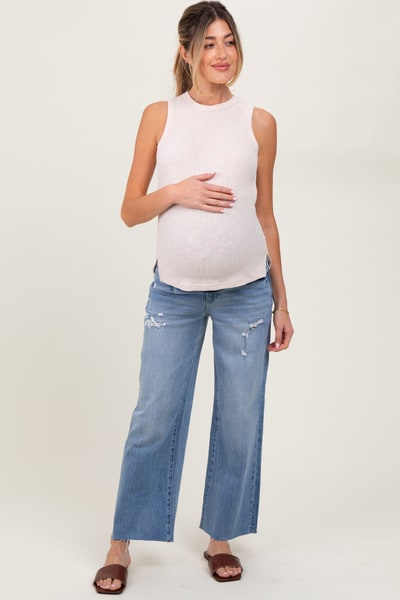 PinkBlush Blue Distressed Raw Hem Cropped Wide Leg Maternity Jeans