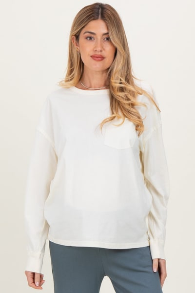 PinkBlush Cream Oversized Washed Long Sleeve Pocket Maternity Top
