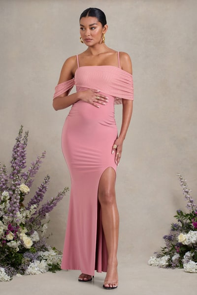 Club L London Augusta | Blush Pink Mesh Bardot Strappy Split Maternity Maxi Dress
