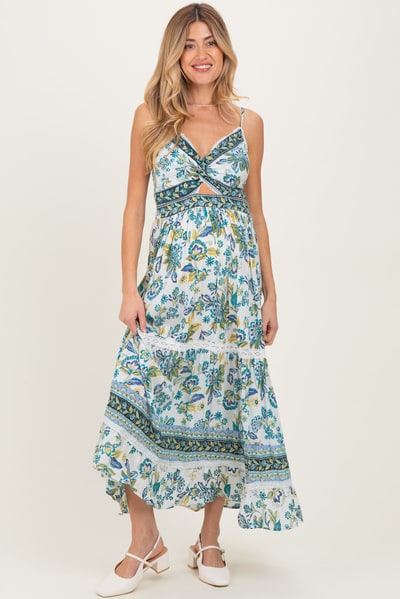 PinkBlush Ivory Floral Twisted Front Lace Detail Maternity Maxi Dress