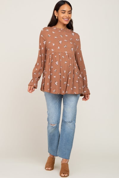 PinkBlush Rust Floral Ruffle Accent Maternity Babydoll Top