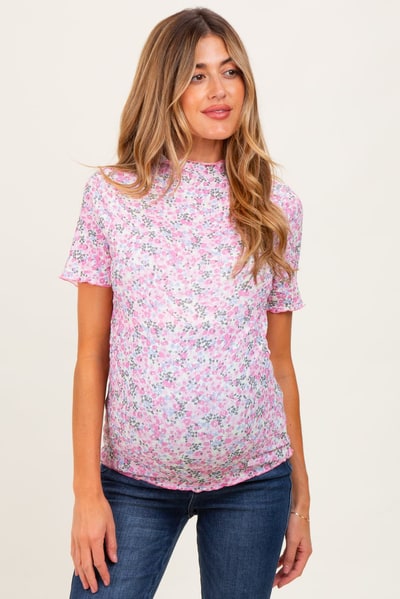 PinkBlush Pink Floral Ruffle Mock Neck Maternity Short Sleeve Top