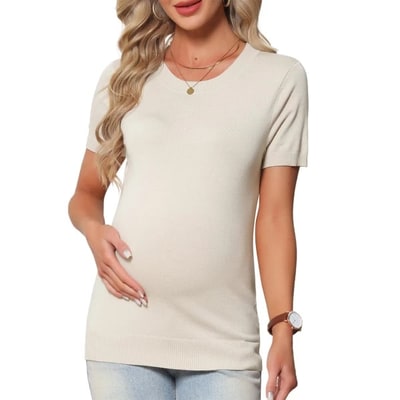 Target INSPIRE CHIC Women's Maternity Top Stretchy Knit Sweater Short Sleeve Summer Pregnancy Round Neck Blouse Medium White