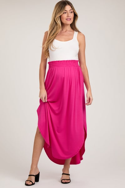 PinkBlush Fuchsia Smocked Rounded Hem Maternity Maxi Skirt