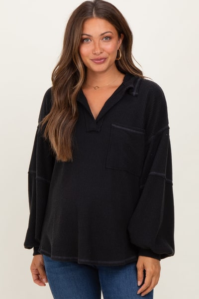PinkBlush Black Solid Ribbed Long Sleeve Pocketed Collared V-Neck Maternity Top
