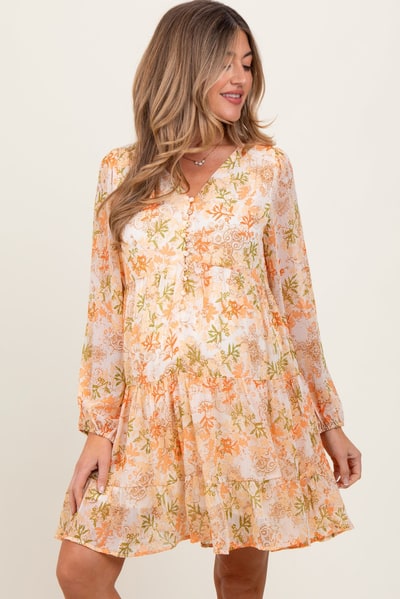 PinkBlush Orange Floral Chiffon Babydoll Long Sleeve Maternity Dress