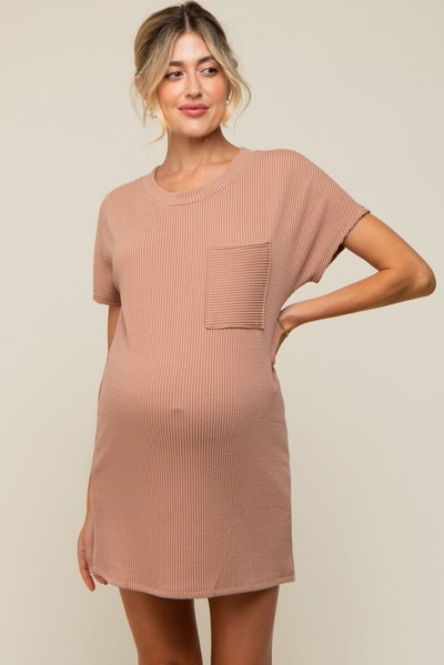 PinkBlush Camel Ribbed Front Pocket Dolman Short Sleeve Maternity Dress