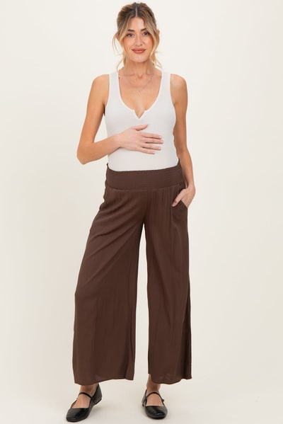 PinkBlush Chocolate Smocked Waist Ankle Wide Leg Maternity Pants