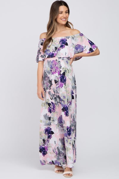 PinkBlush Purple Floral Ruffle Off Shoulder Maternity Maxi Dress
