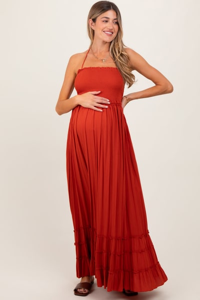 PinkBlush Rust Smocked Woven Maternity Maxi Dress