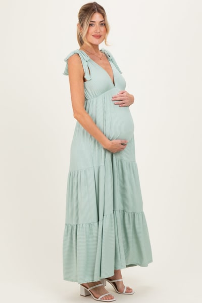 PinkBlush Sage Shoulder Tie Ribbed Tiered Maternity Maxi Dress