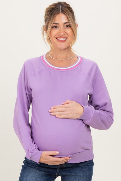 PinkBlush Violet Striped Neckline Maternity Terry Sweatshirt